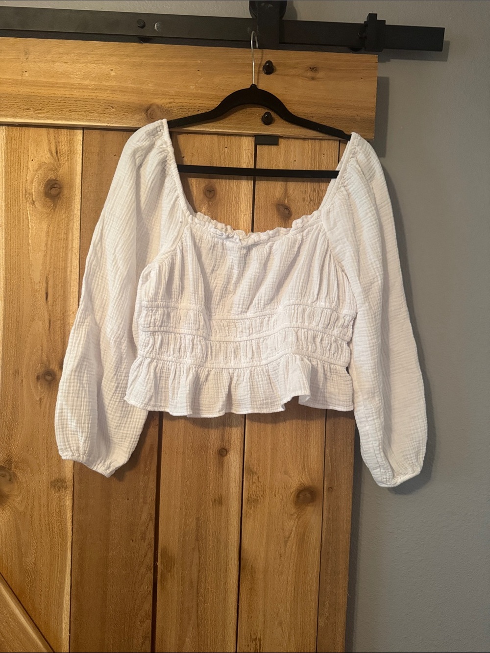 White Peasant Smocked Long-Sleeve Crop Top